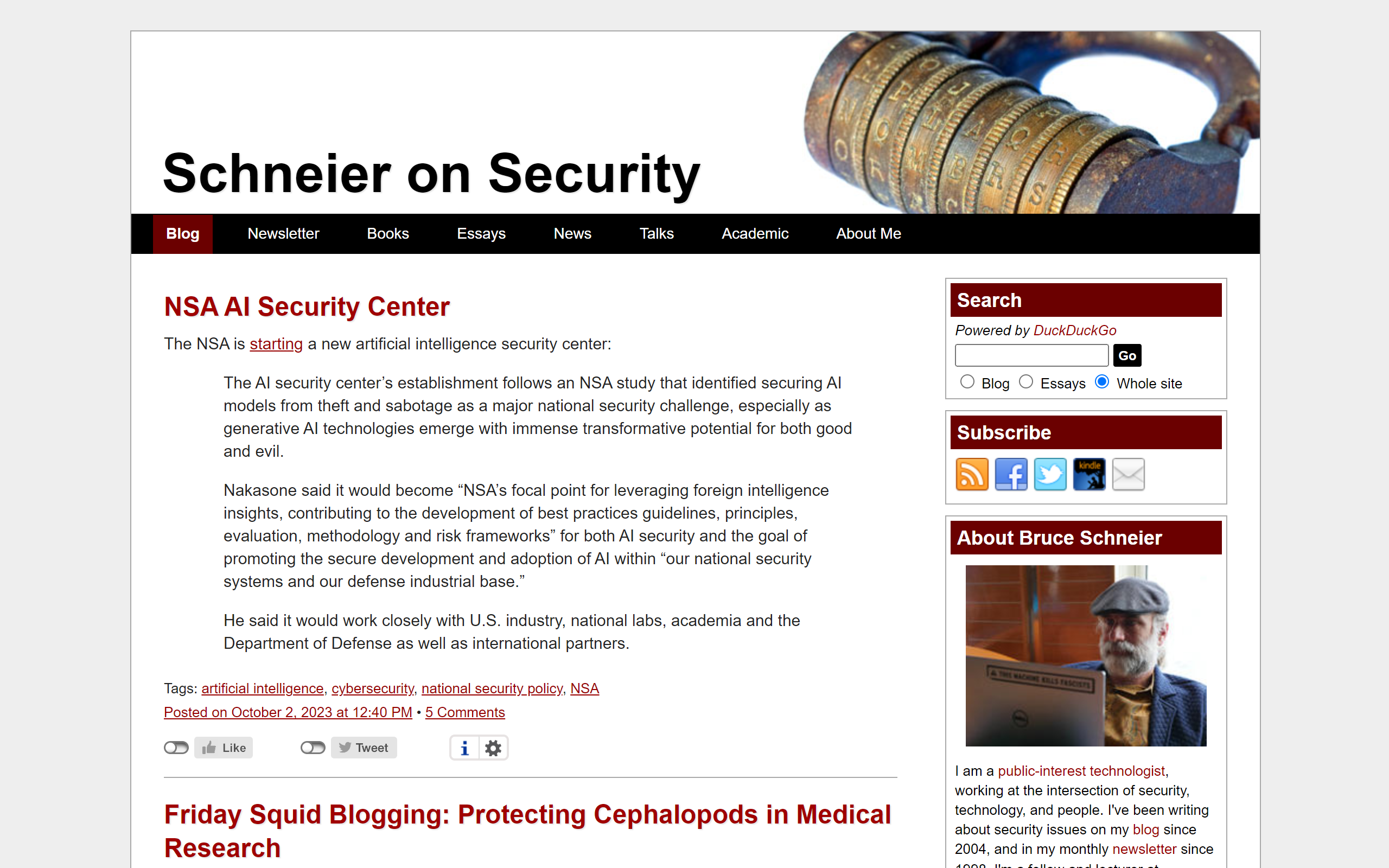 Schneier on Security cybersecurity blog 