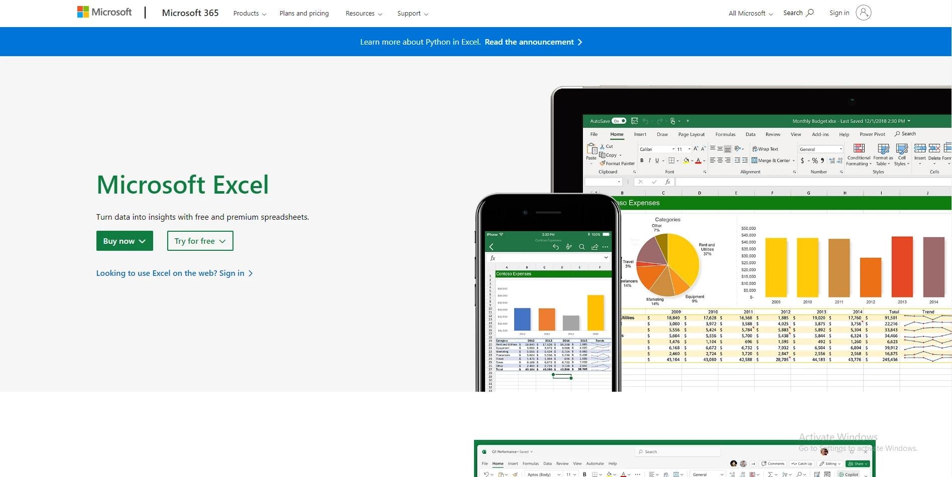 Microsoft Excel data analytics tool