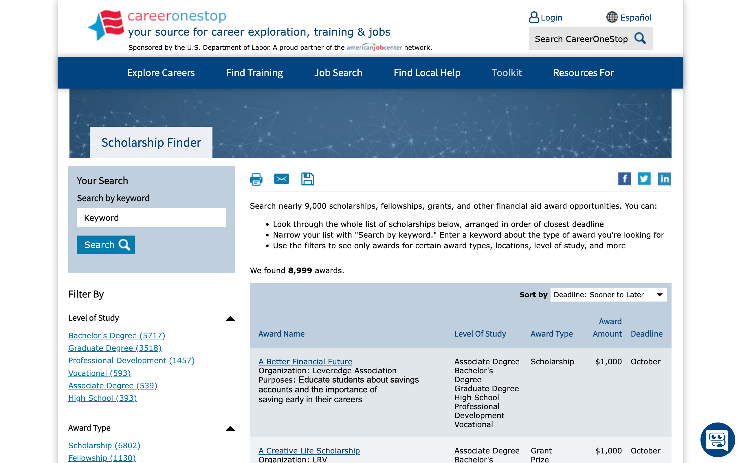 CareerOneStop scholarship website