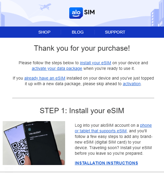 aloSIM thank you email